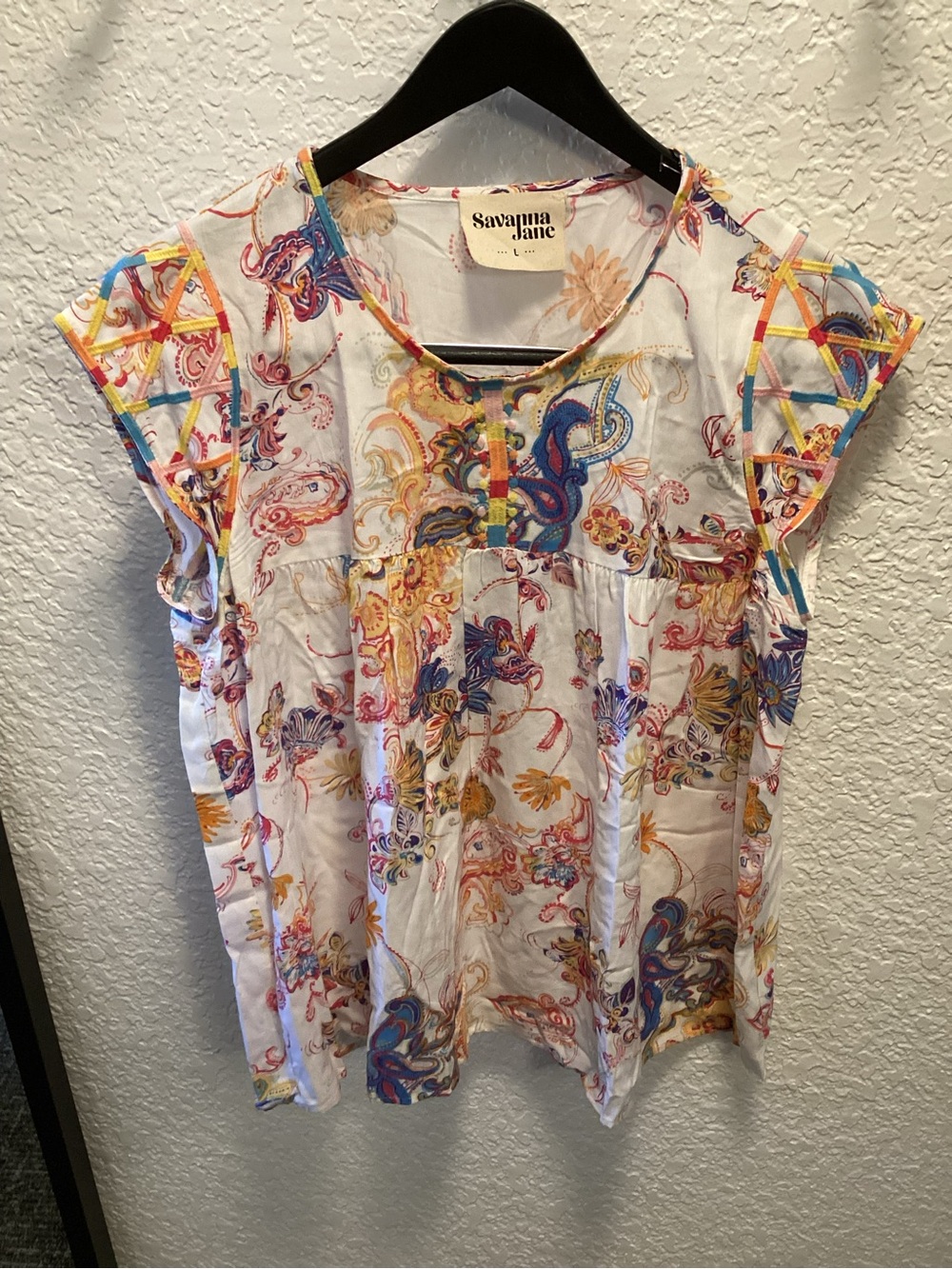 Savanna Jane White Floral Paisley Lattice Cap Sleeve Top